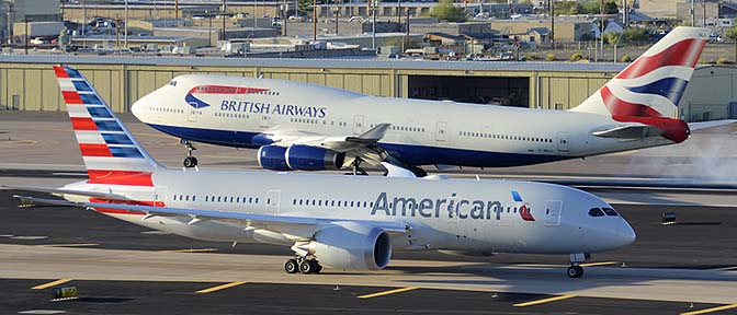 British Airways Boeing 747-436 G-BNLX and American Boeing 787-823 N801AC, Phoenix Sky Harbor, March 10, 2015